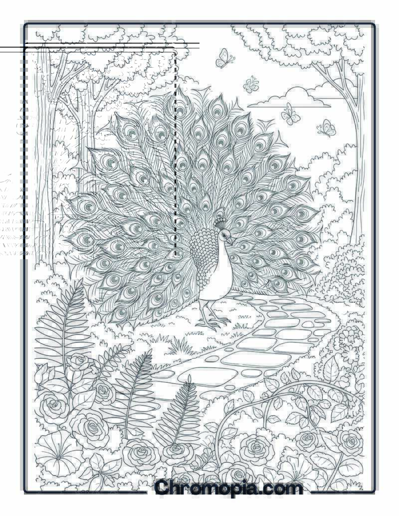 Peacock in Garden Clearing coloring page