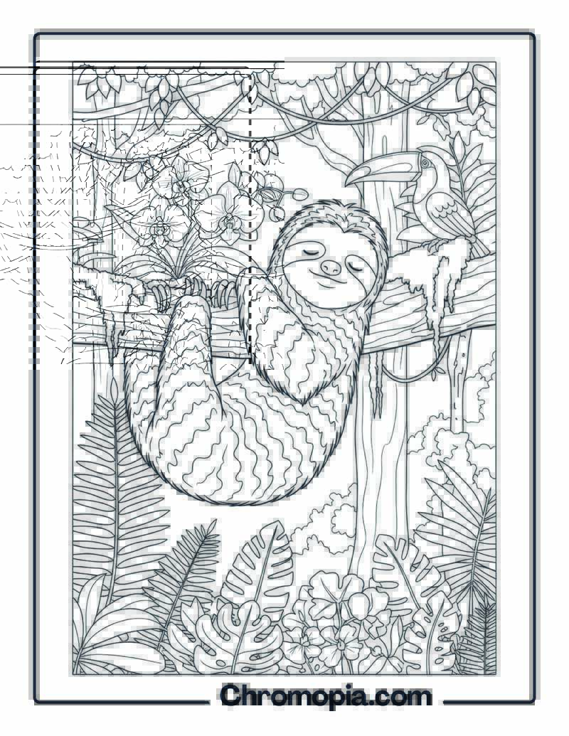 Rainforest Sloth on Branch coloring page
