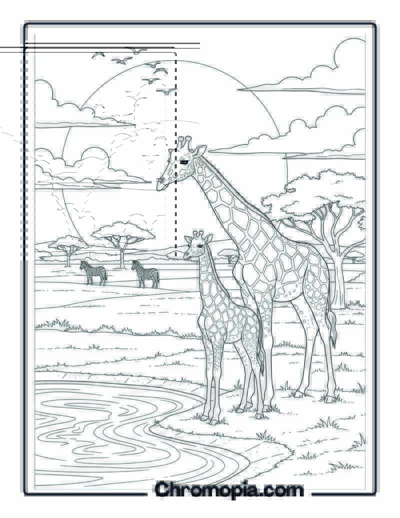 Savanna Giraffe & Calf coloring page