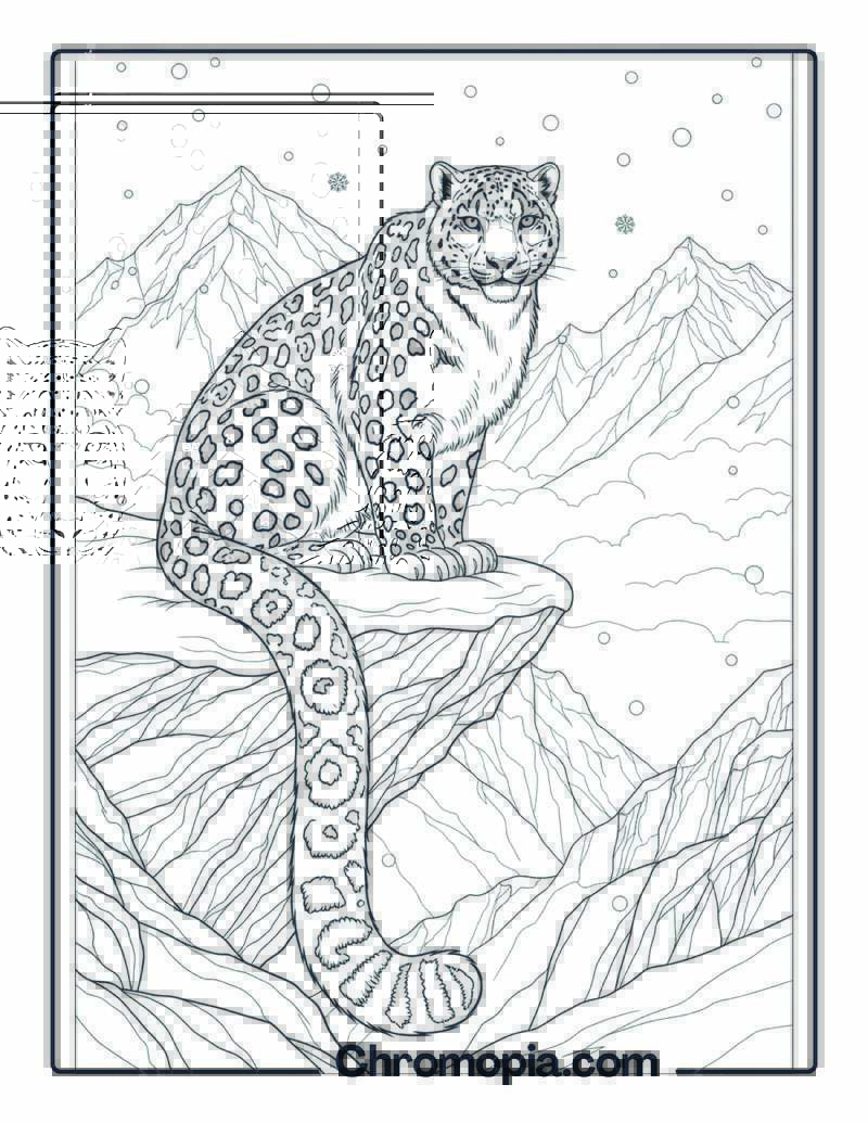 Snow Leopard in Mountain Scene coloring page