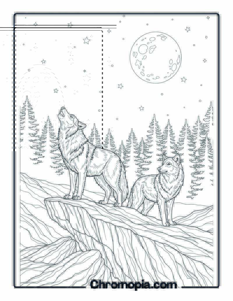 Wolves Howling at Moon coloring page