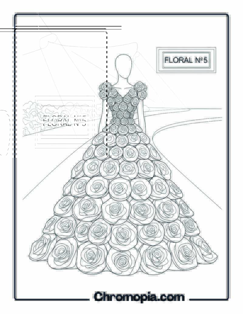 Rose Gown on Fashion Runway Coloring Page
