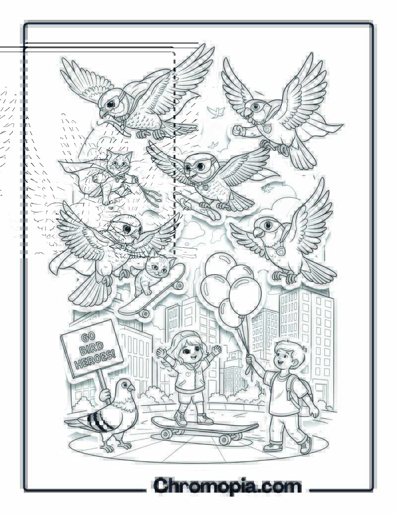 Bird Superhero Squad Saving the Day coloring sheet