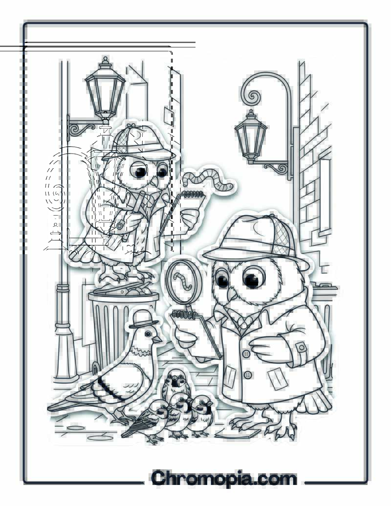 Detective Birds Solving a Mystery coloring sheet