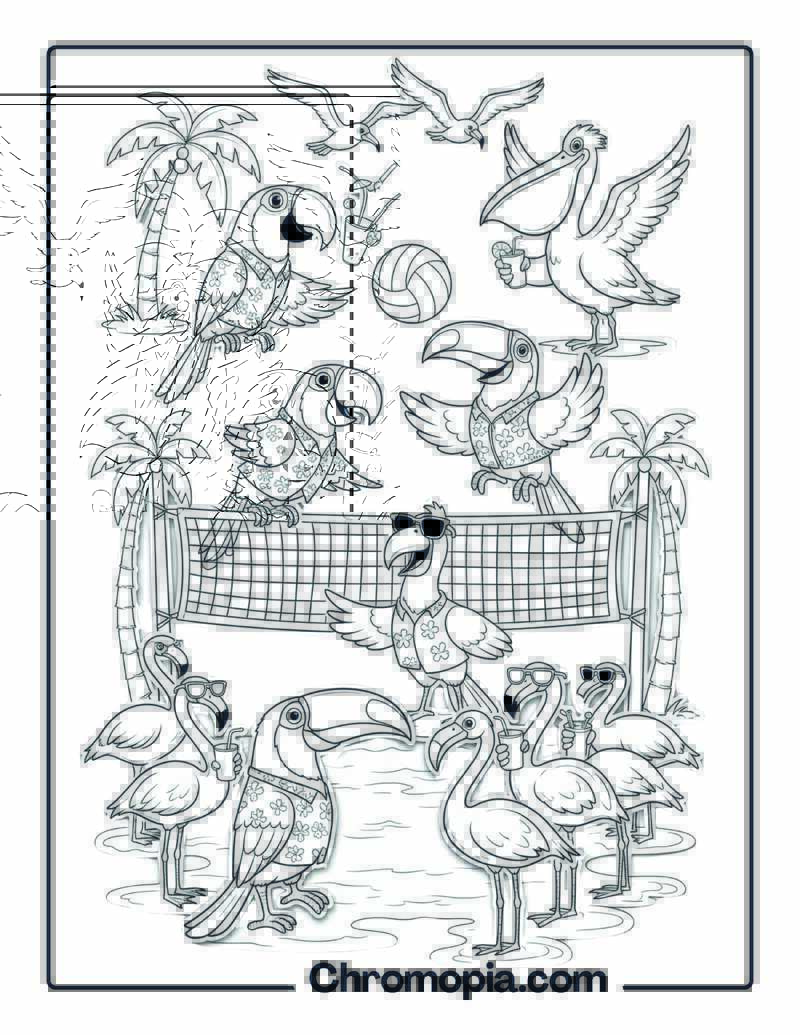 Tropical Beach Volleyball Birds coloring pages