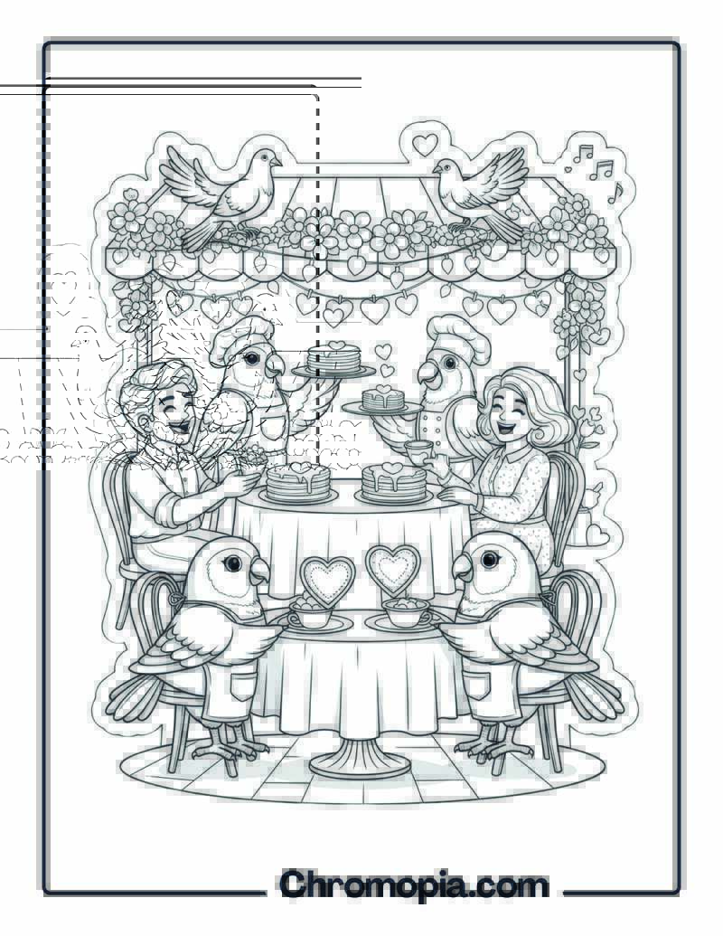 Valentine’s Lovebirds Café Date coloring sheet