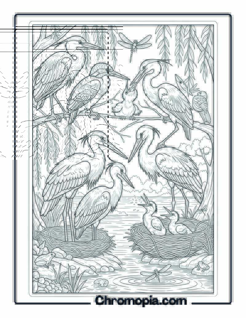 Birds Feeding Chicks in Riverside Trees coloring page
