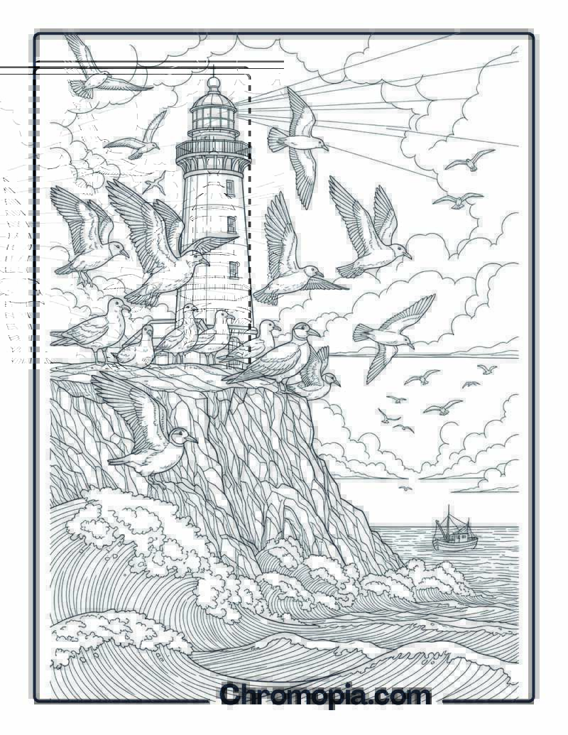 Birds Over Coastal Lighthouse coloring page