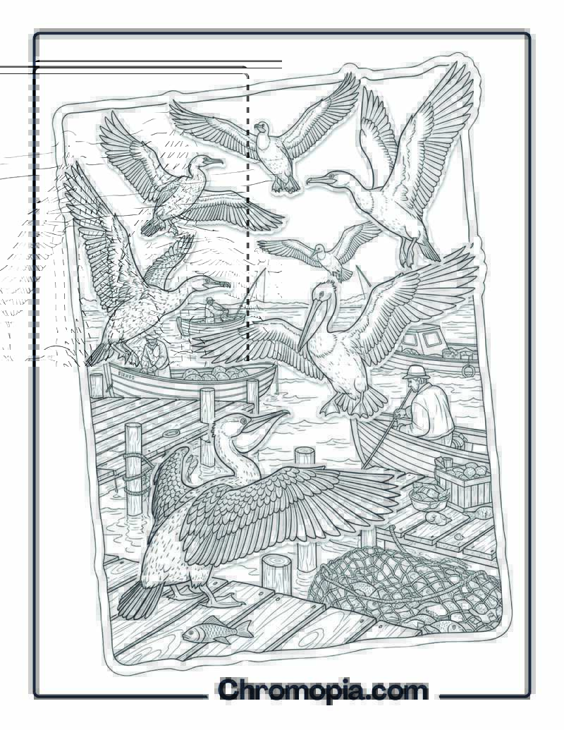 Birds Over Lake Dock with Fishermen coloring page