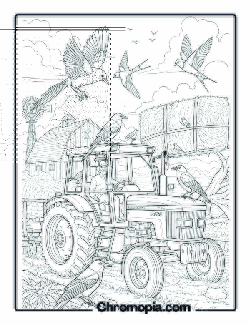 Birds Perched on Farm Tractor coloring page