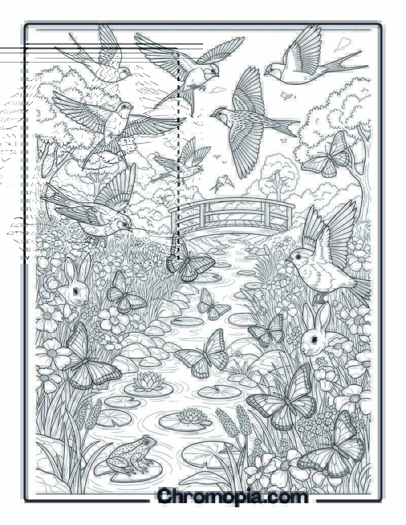 Birds and Butterflies in Meadow Stream coloring page