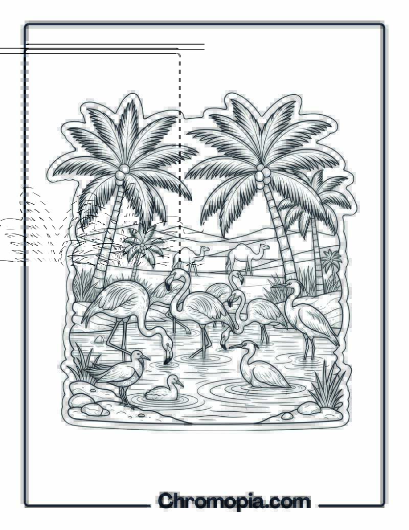 Birds at Desert Oasis Waterhole coloring page