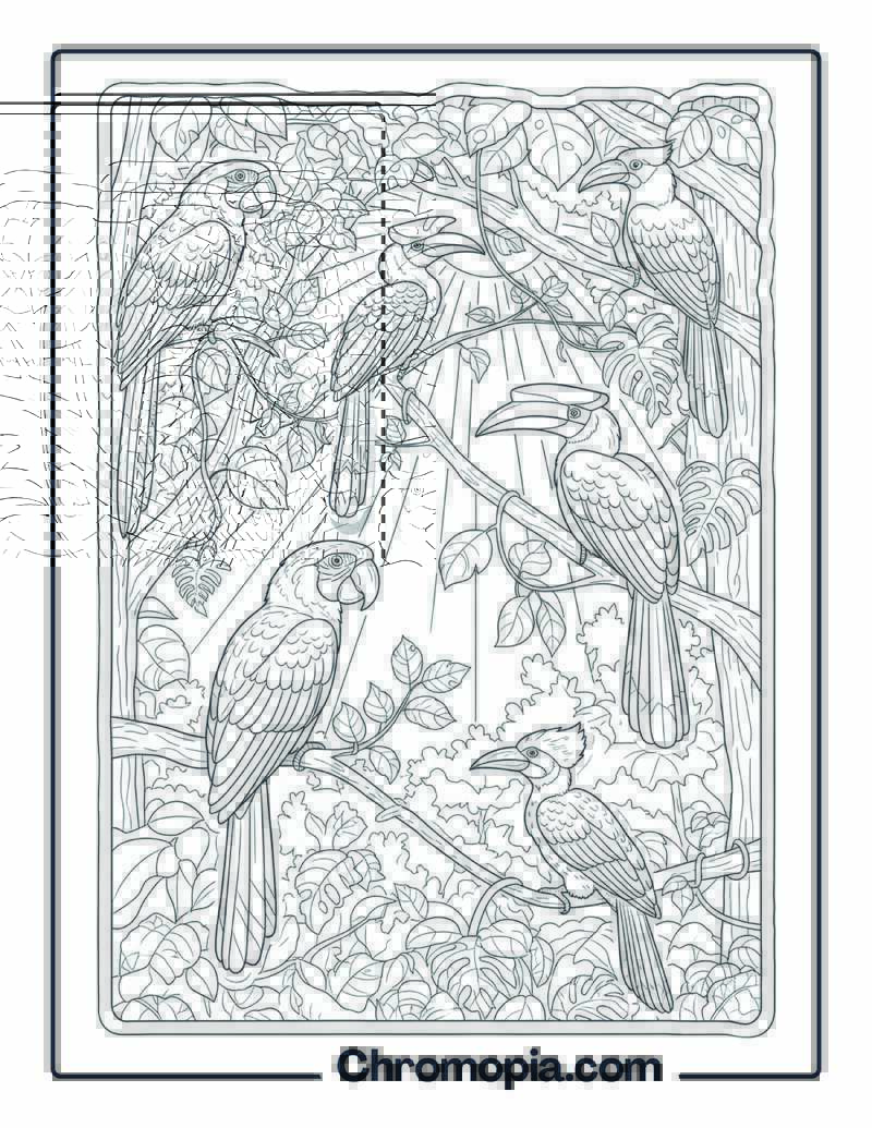 Birds in Forest Canopy at Sunrise coloring page