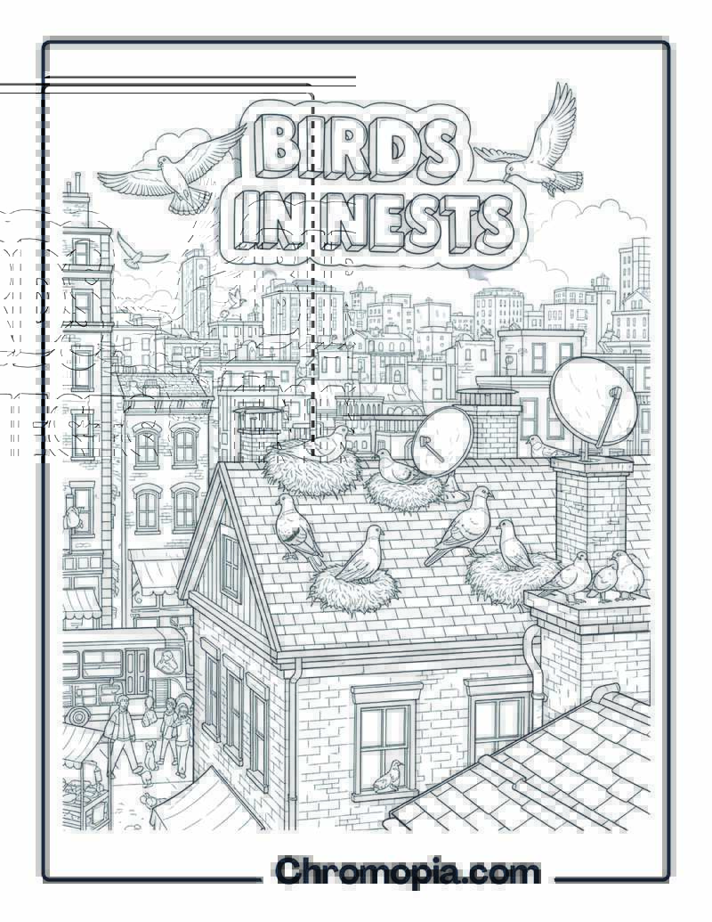 Birds in Nests on Urban Rooftops coloring page