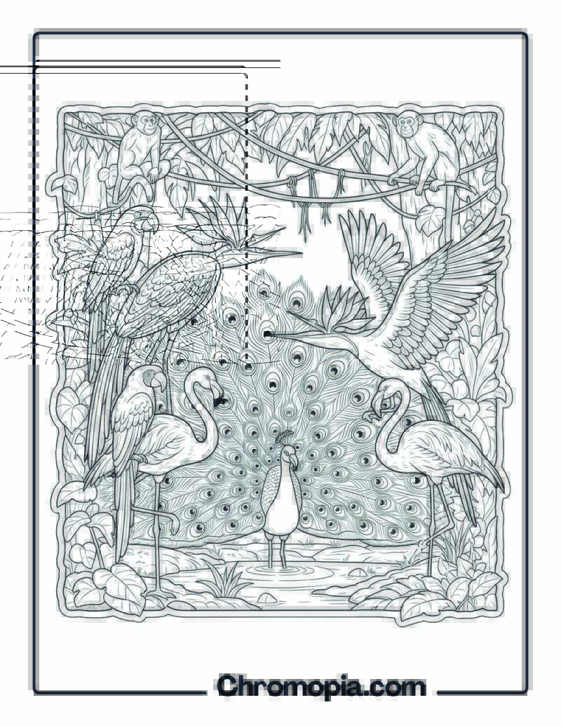 Courtship Dance of Exotic Birds in Jungle Clearing coloring page