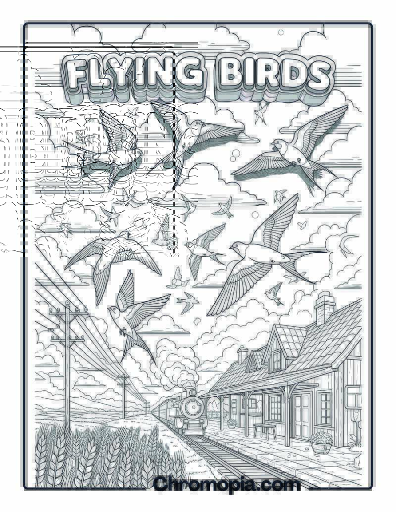Flying Birds Over Countryside Station coloring page