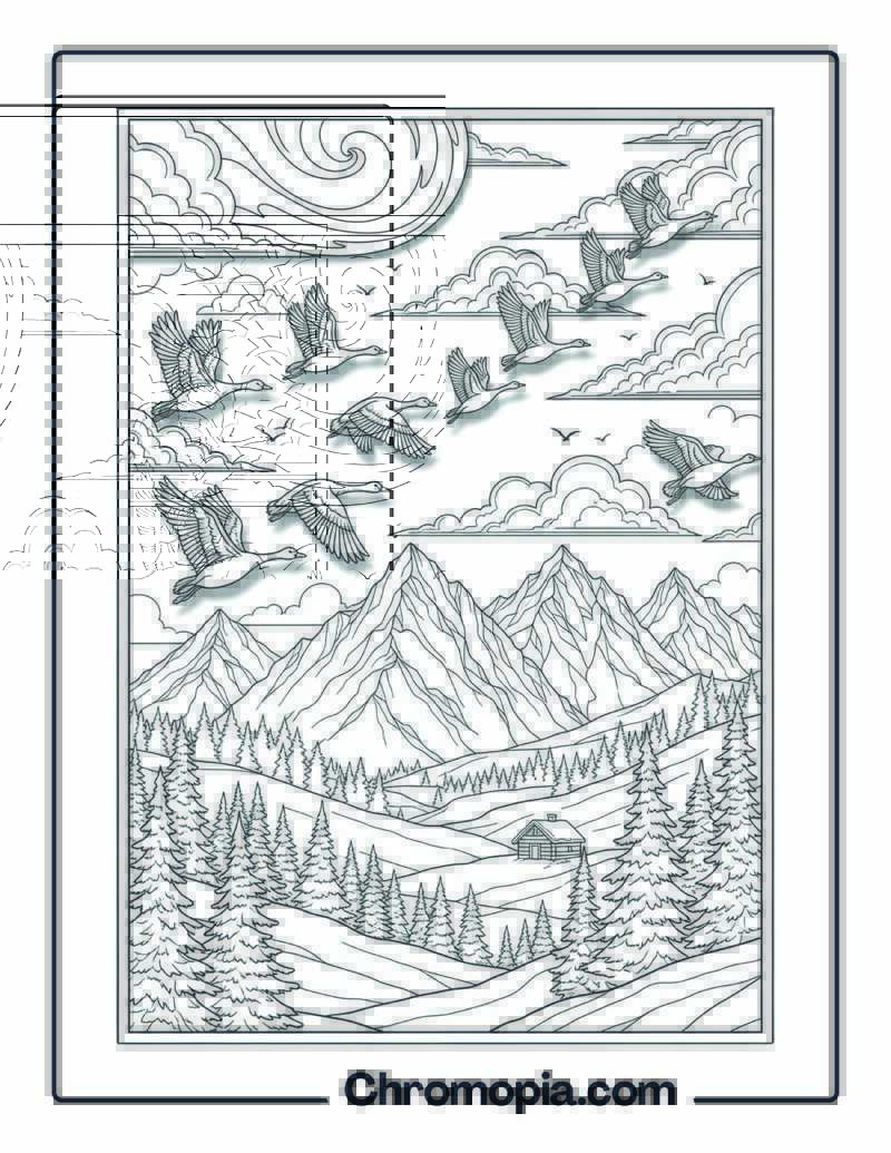 Migrating Flocks Over Snowy Mountains coloring page