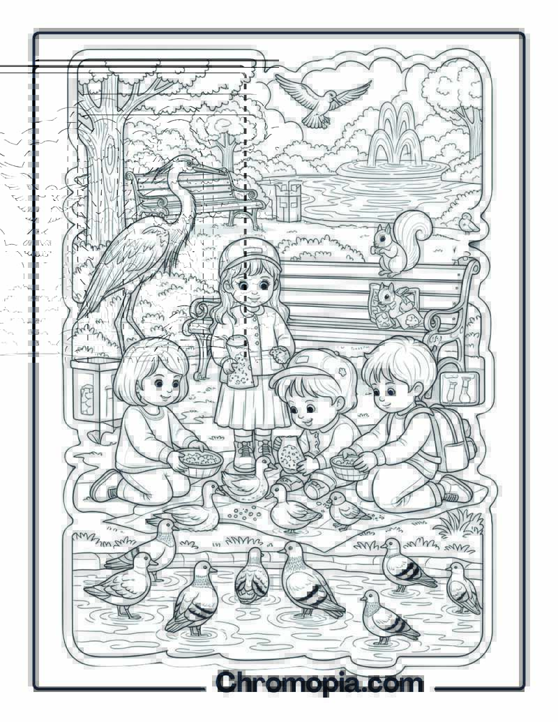 Park Picnic with Birds and Kids coloring page
