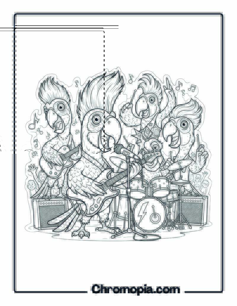 Caricature Style Bird Rock Band Coloring Page
