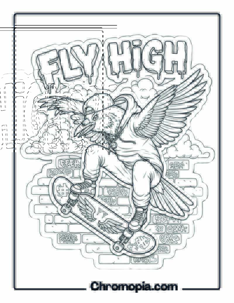 Graffiti Street Art Raven Skateboarder Coloring Sheet