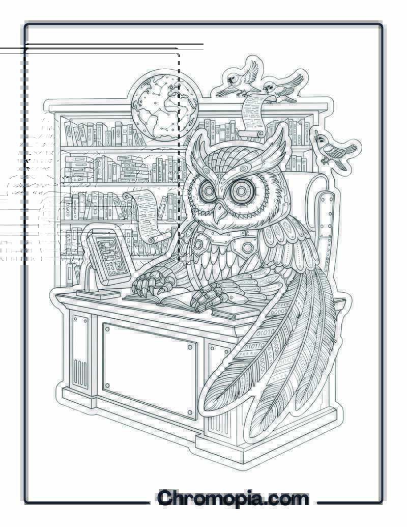 Robotic Style Owl Librarian Coloring Sheet
