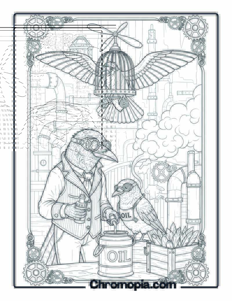 Steampunk Style Bird Inventor Coloring Page