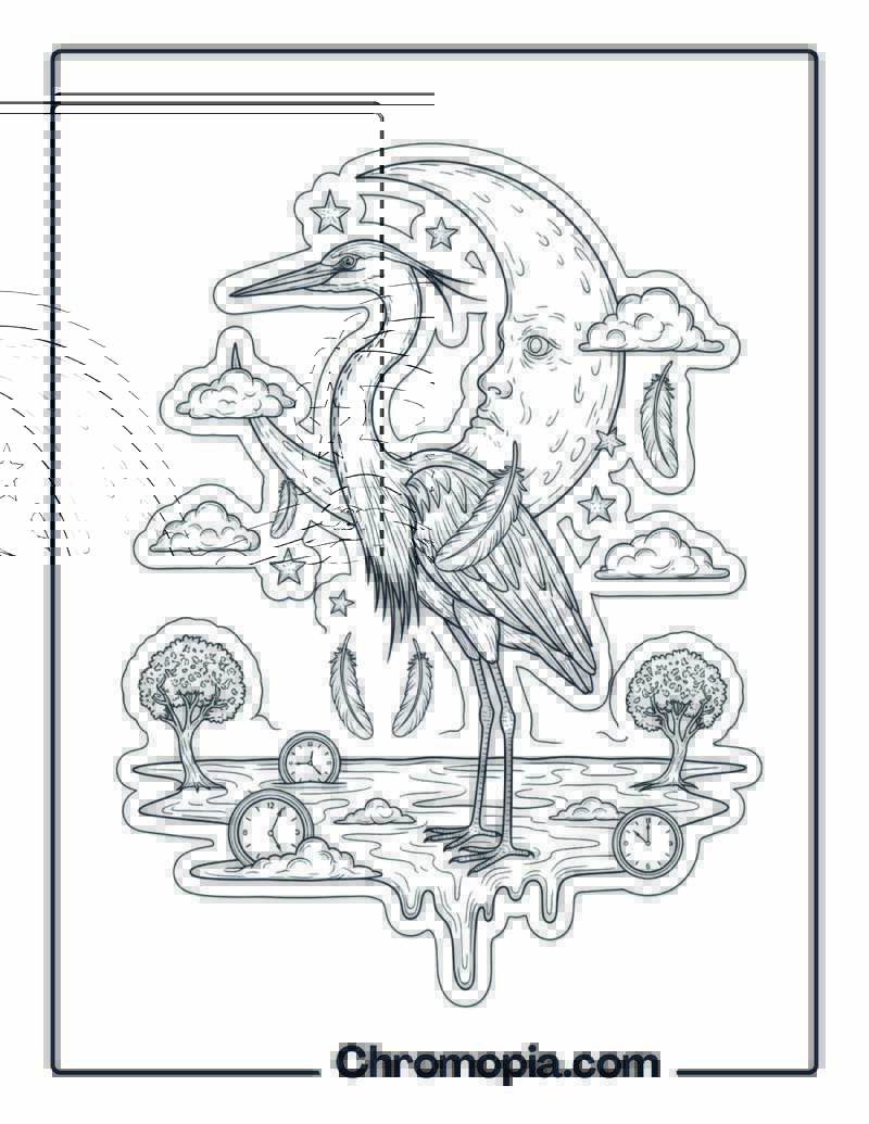 Surreal Art Bird & Moon Fusion Coloring Page