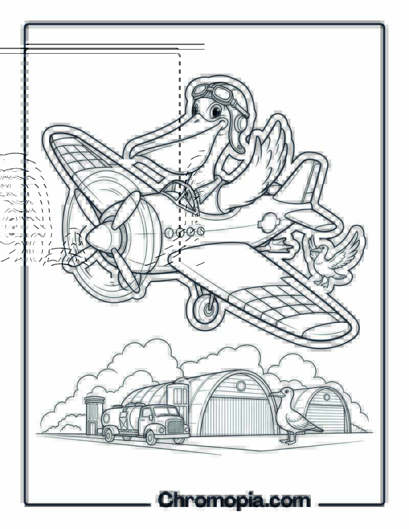 Vintage Retro Style Bird Pilot Coloring Page