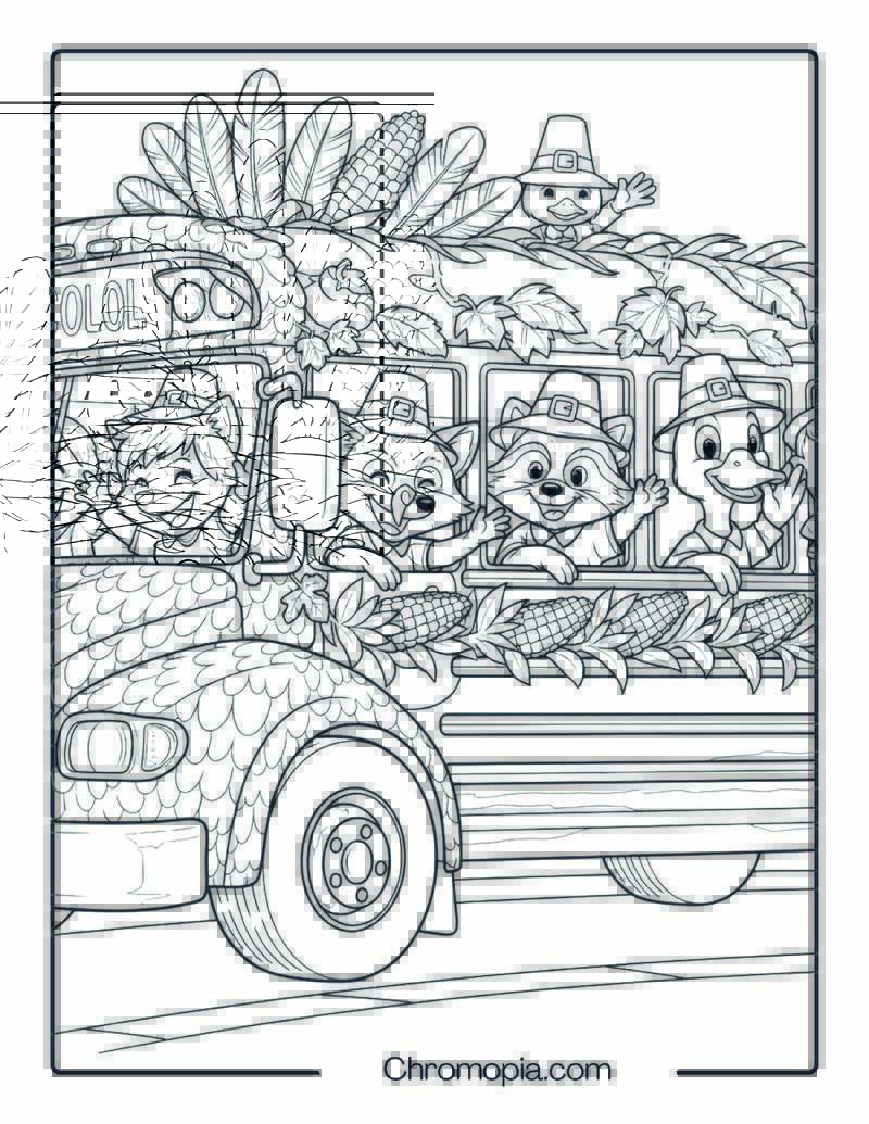 Thanksgiving Decorated School Bus Coloring Page