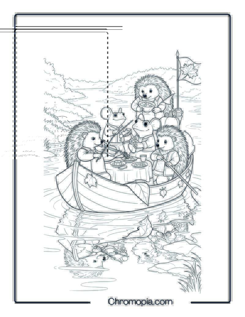 Cozy Critters’ Leaf-Boat Thanksgiving – Coloring Page
