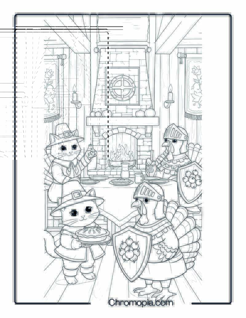 Pilgrim Cats & Turkey Knights – Coloring Page