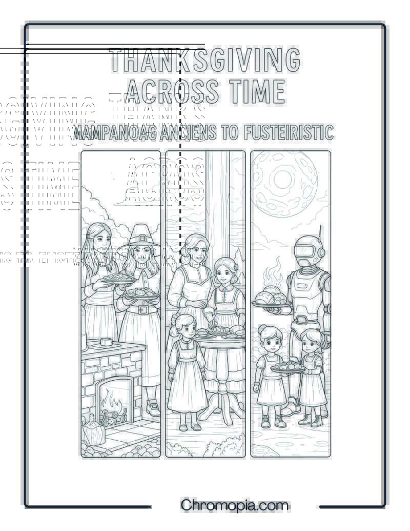 Thanksgiving Across Time Ancient to Futuristic – Coloring Page