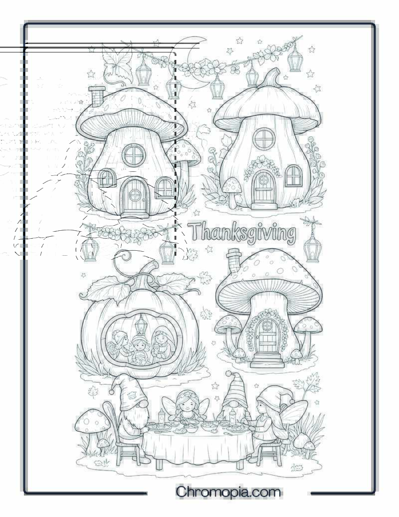 Thanksgiving Fairy Tale Village – Coloring Page