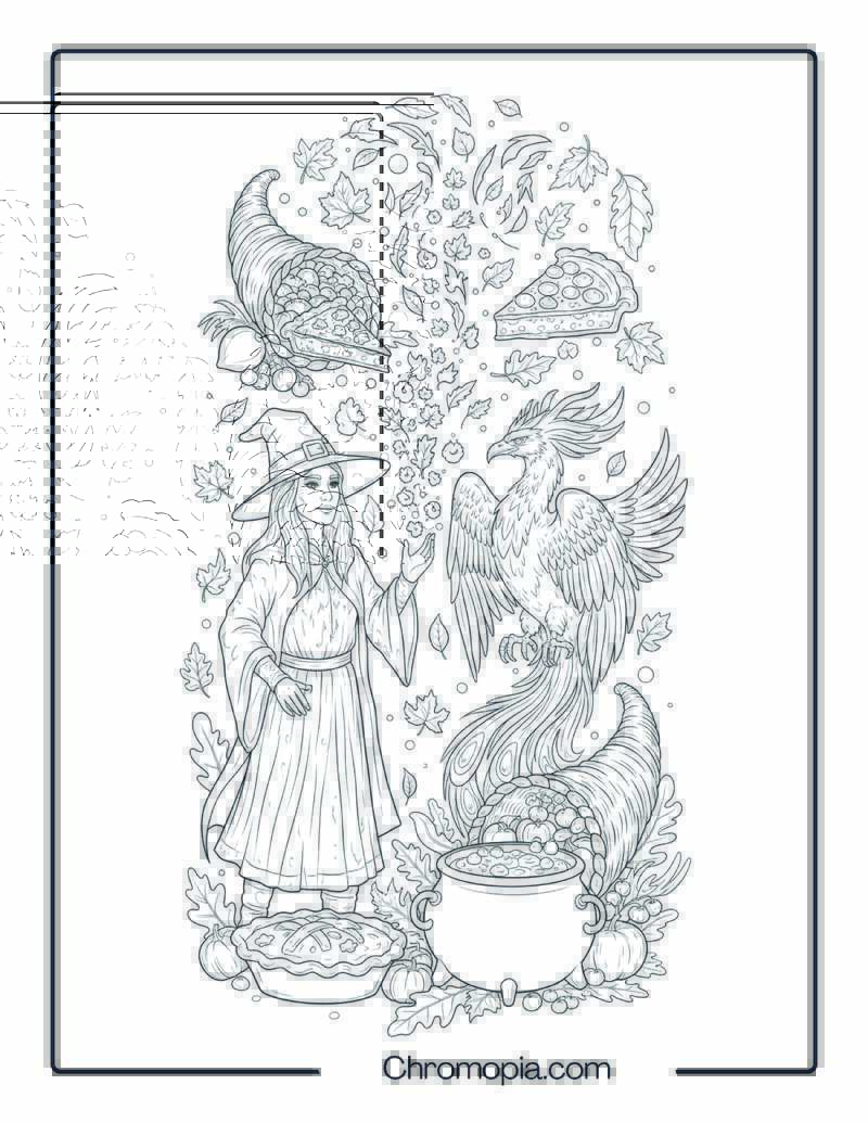 Thanksgiving Wizards & Harvest Magic – Coloring Page
