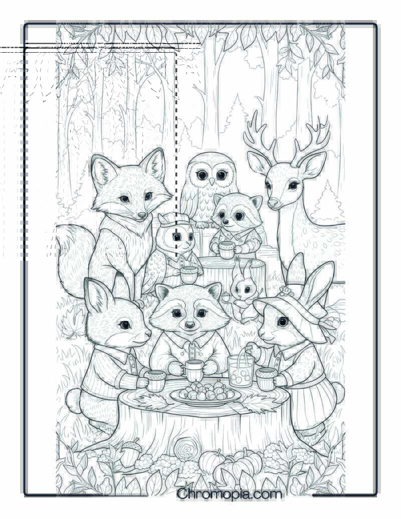 Woodland Animal Thanksgiving Banquet – Coloring Page