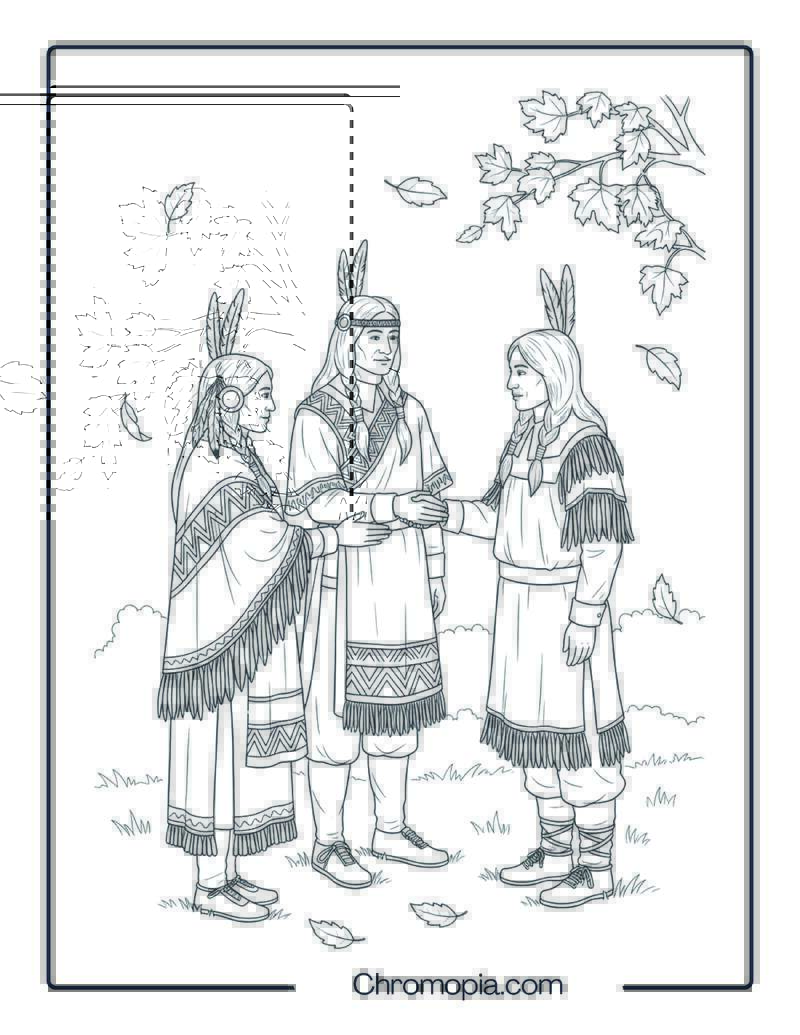 Pilgrims and Native Americans Meeting Peacefully