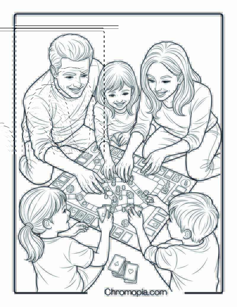 Playing Board Games Together Coloring Page