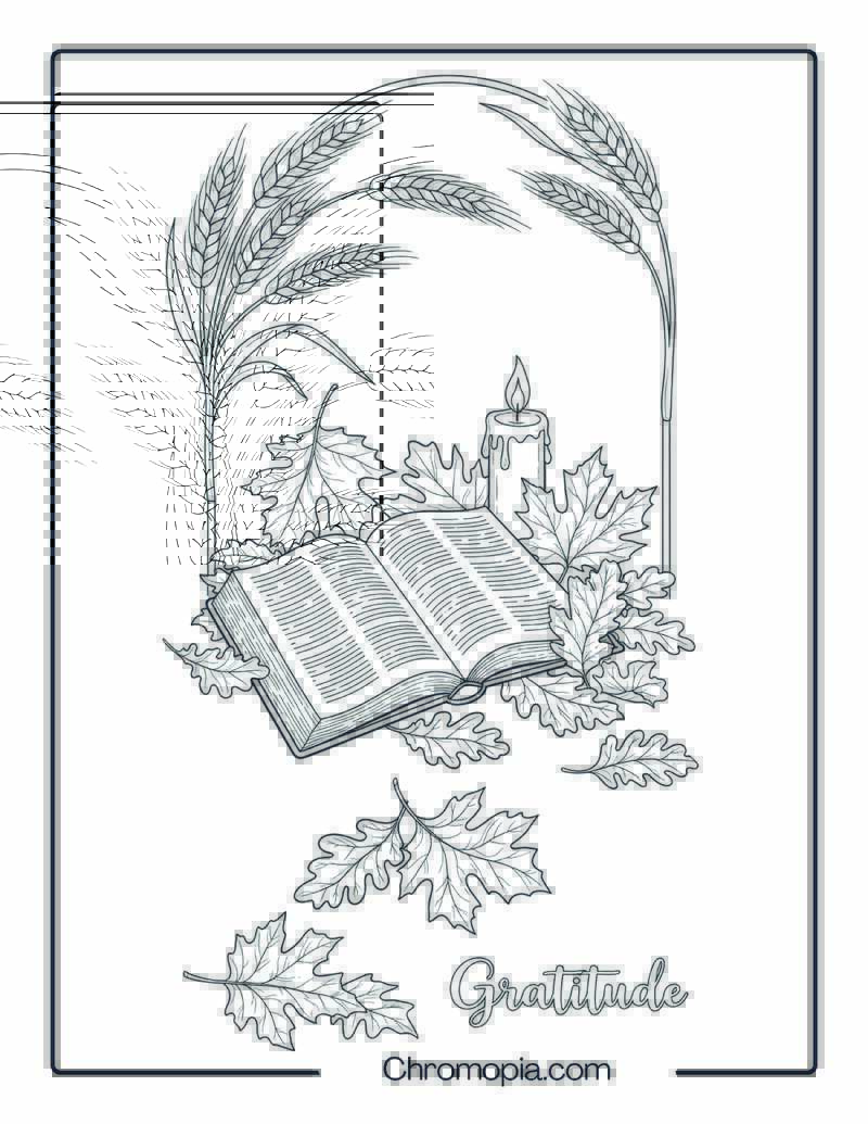 Bible and Autumn Leaves Still Life Coloring Page