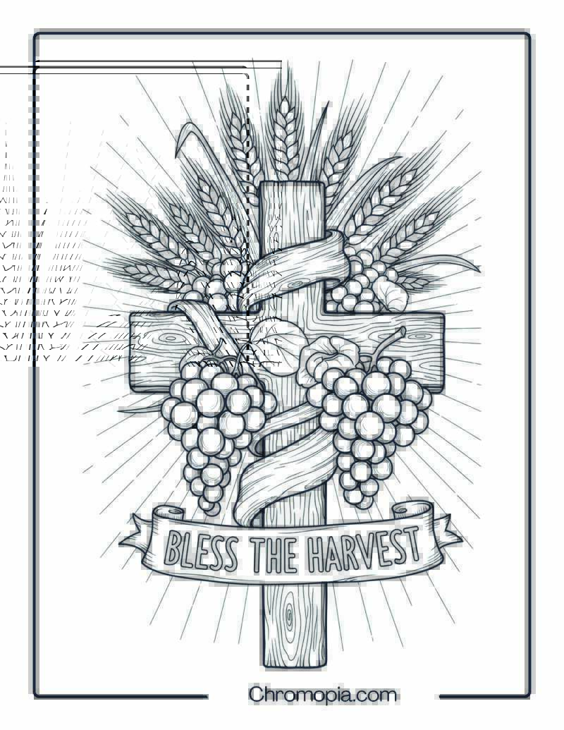Harvest Cross with Wheat and Grapes Coloring Sheet