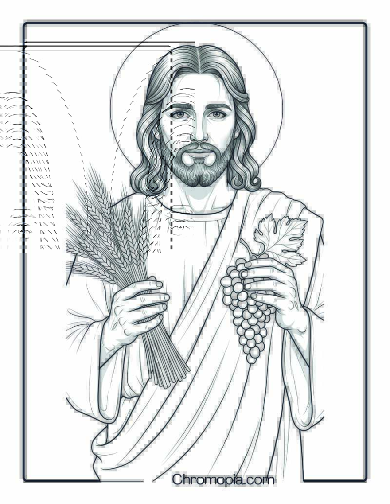 Realistic Jesus with Wheat and Grapes Coloring Page