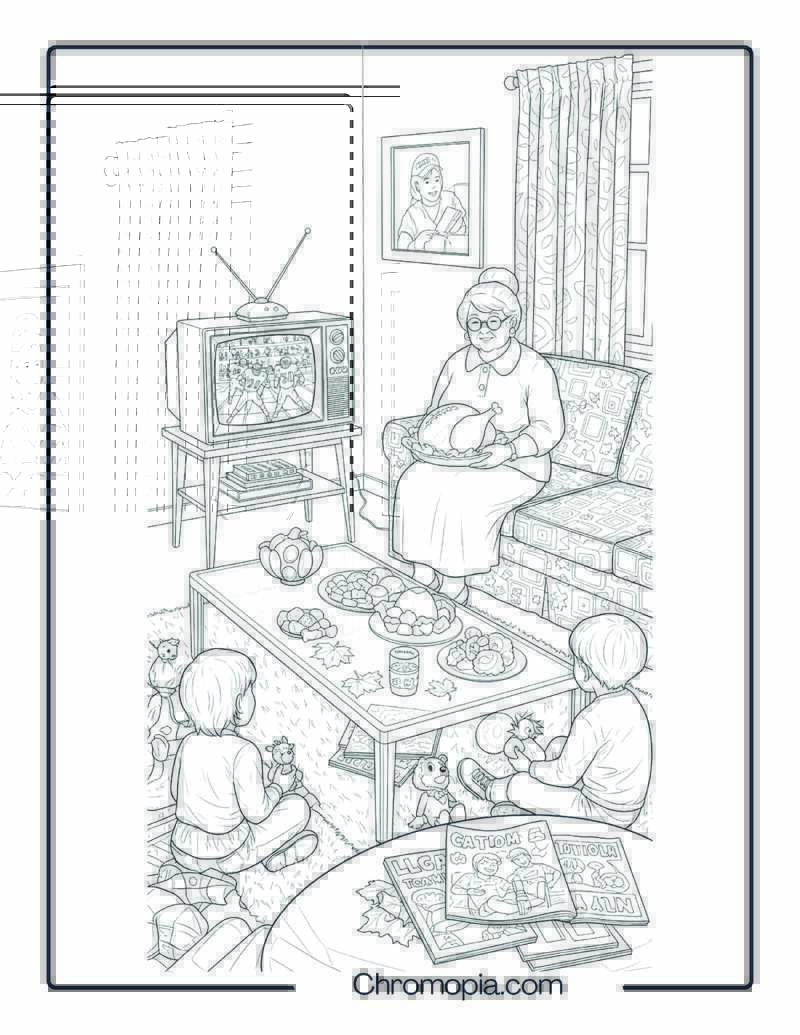1980s Nostalgic Thanksgiving Living Room Coloring Page