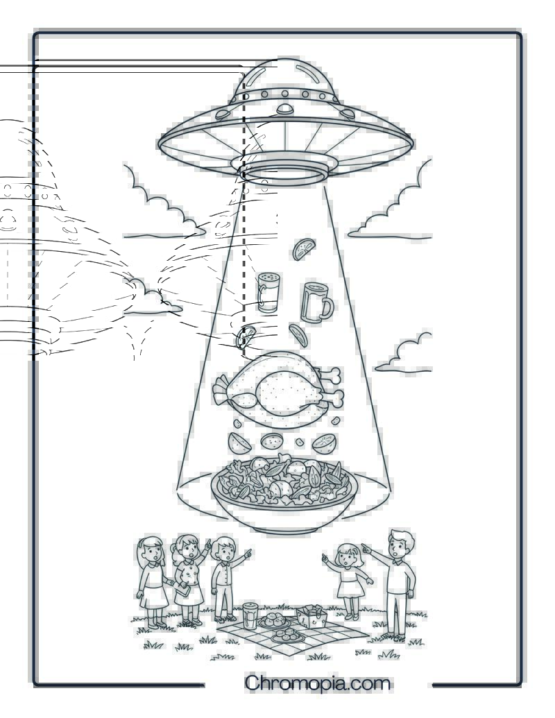 Alien Abduction During Thanksgiving Picnic Coloring Page