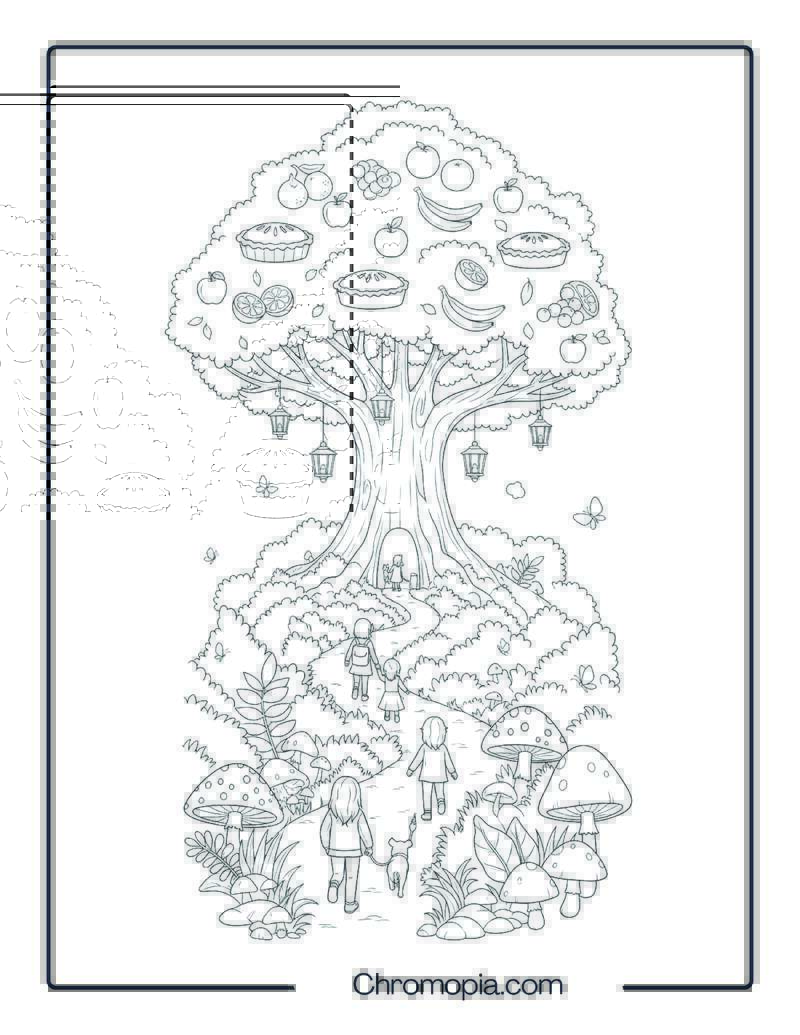 Autumn Pilgrimage to the Sacred Harvest Tree Coloring Page