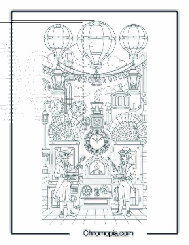 Autumn Steampunk Thanksgiving Festival Coloring Page