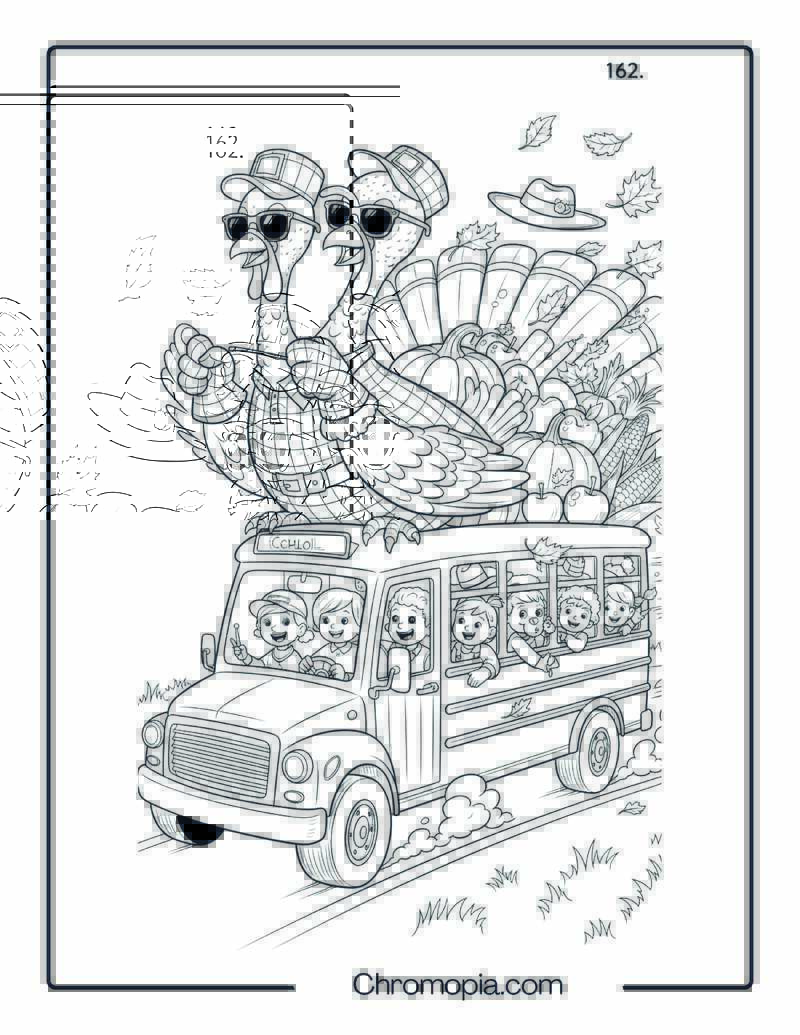 Giant Two-Headed Turkey Driving a School Truck Full of Autumn Produce Coloring Page