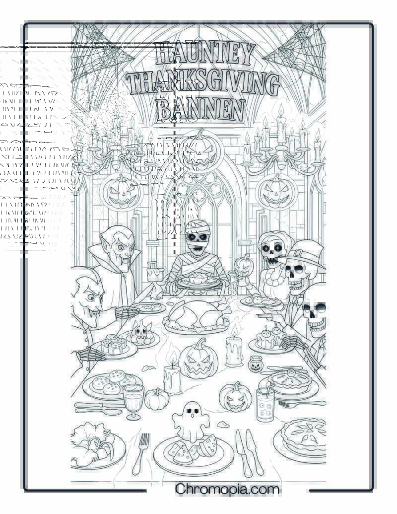 Haunted Thanksgiving Banquet with Halloween Guests Coloring Page