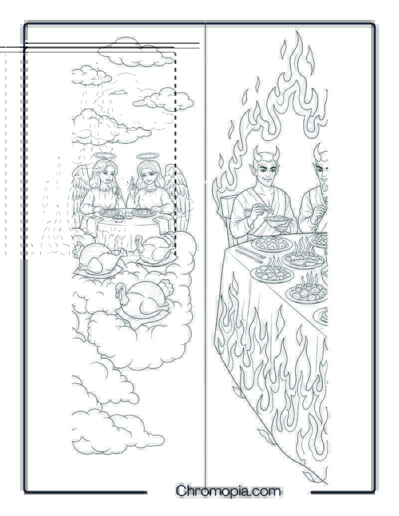 Heaven and Hell Thanksgiving Feast Split Scene Coloring Page