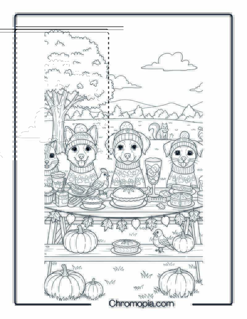 Pet Thanksgiving Feast Picnic in the Park Coloring Page