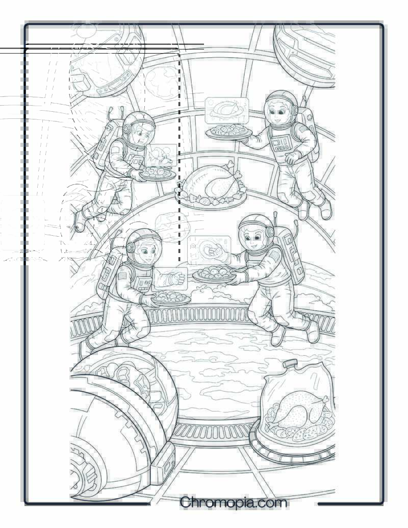 Sci-Fi Space Station Thanksgiving Feast Coloring Page
