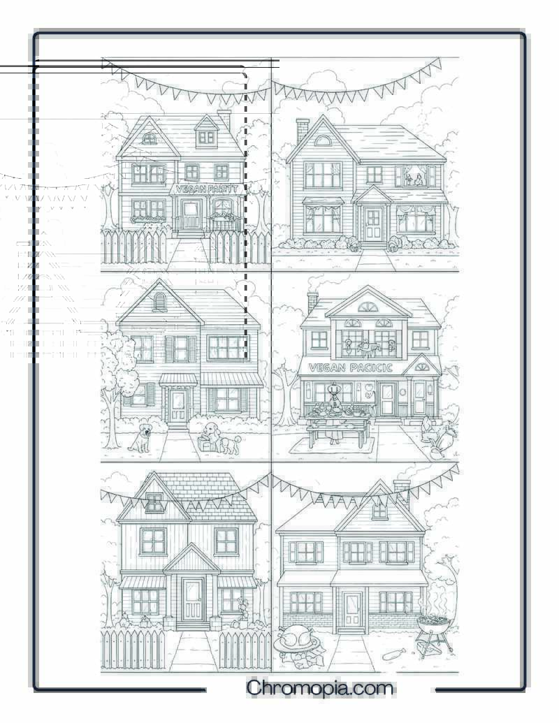 Suburban Neighborhood with Themed Thanksgiving Houses Coloring Page